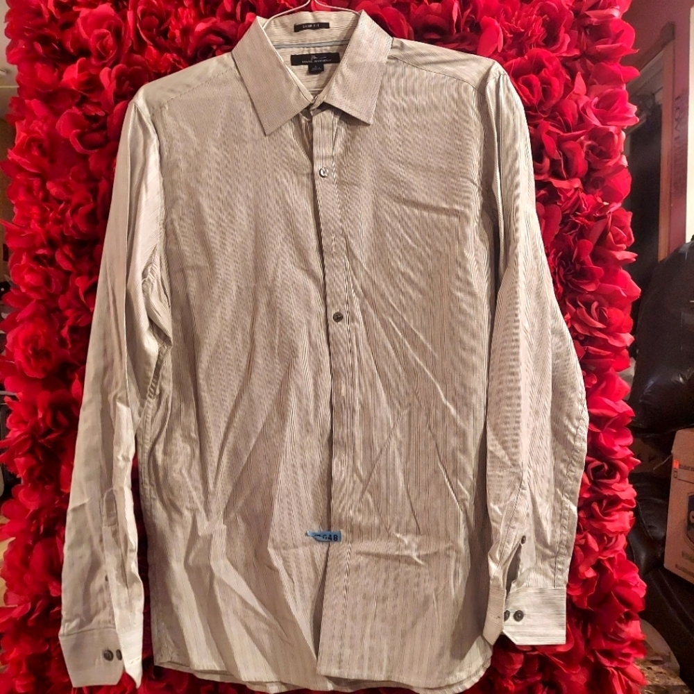 Marc Anthony Men's Large Blue & Grey Striped Dress Shirt 100% Cotton
